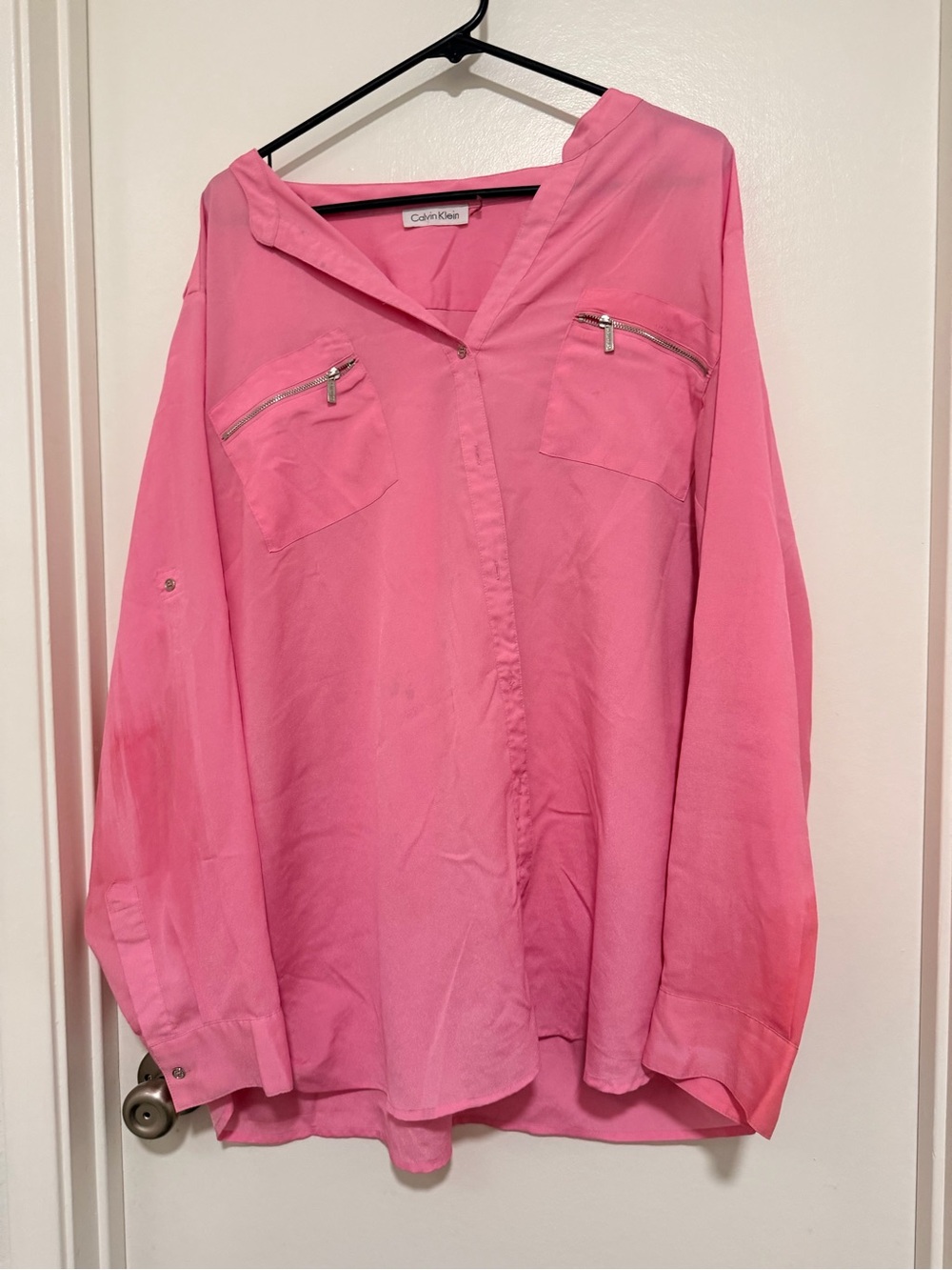 Calvin Klein Hot Pink Zip-Pocket Button-Front Blouse
